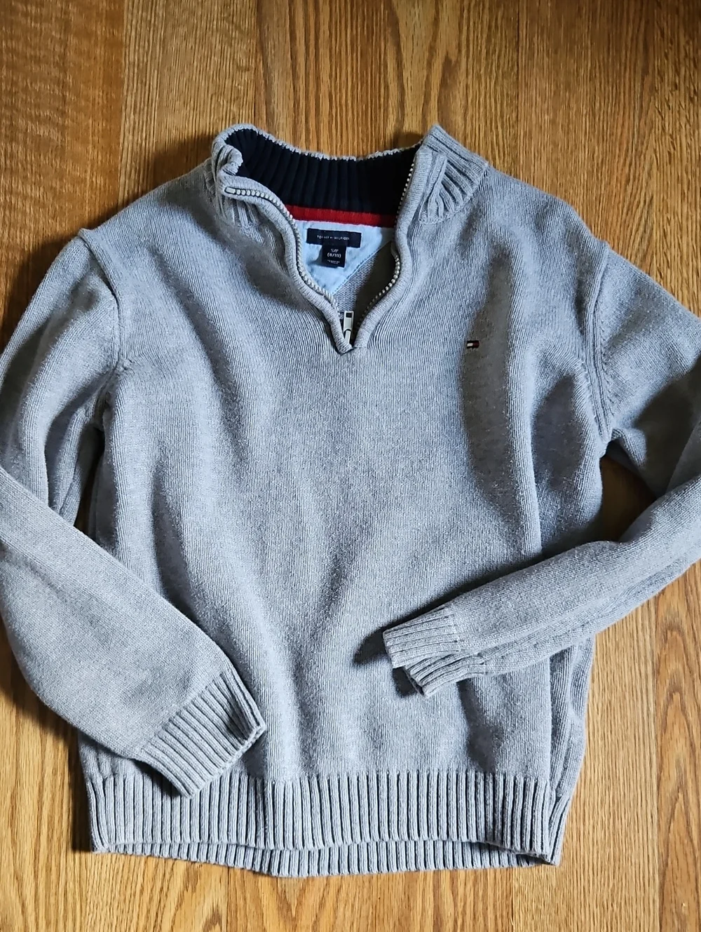 Tommy Hilfiger Light Gray Zip-Up Knit Sweater with Navy Trim